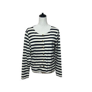 Talbots‎ Cardigan Womens Medium Blue White Stripe Gold Button Up Sweater